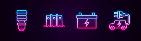 Set line LED light bulb, Hydroelectric dam, Car battery and Electric car. Glowing neon icon. Vectorのイラスト素材