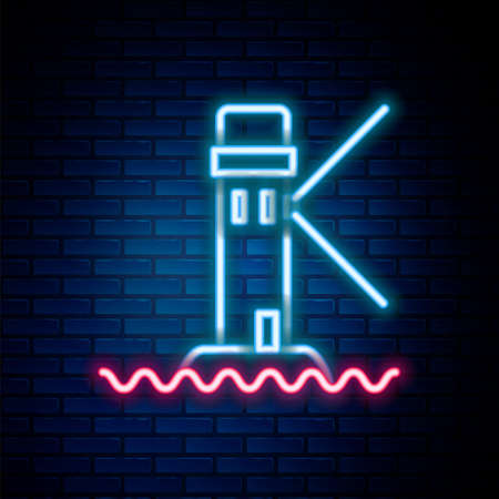 Glowing neon line Lighthouse icon isolated on brick wall background. Colorful outline concept. Vectorのイラスト素材