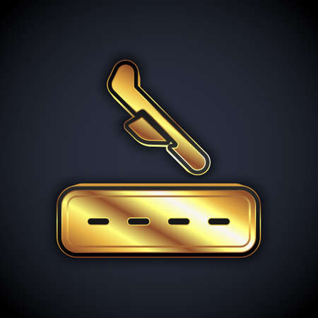 Gold Plane landing icon isolated on black background. Airplane transport symbol. Vectorのイラスト素材