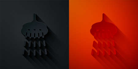 Paper cut Shower head with water drops flowing icon isolated on black and red background. Paper art style. Vectorのイラスト素材