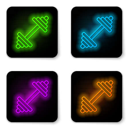 Glowing neon line Dumbbell icon isolated on white background. Muscle lifting icon, fitness barbell, gym, sports equipment, exercise bumbbell. Black square button. Vectorのイラスト素材