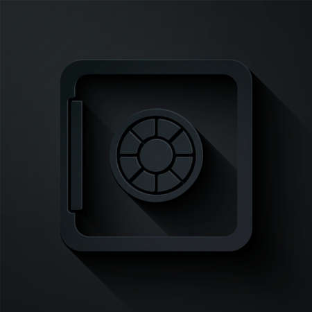 Paper cut Safe icon isolated on black background. The door safe a bank vault with a combination lock. Reliable Data Protection. Paper art style. Vectorのイラスト素材