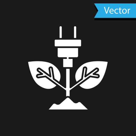 White Electric saving plug in leaf icon isolated on black background. Save energy electricity. Environmental protection. Bio energy. Vectorのイラスト素材