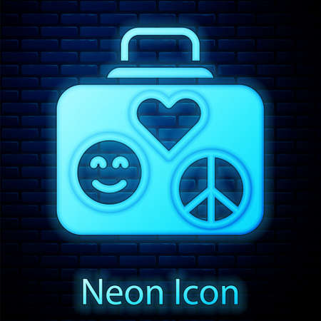 Glowing neon Suitcase for travel icon isolated on brick wall background. Traveling baggage sign. Retro hippie style. Travel luggage icon. Vectorのイラスト素材