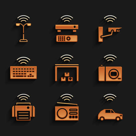 Set Smart warehouse, radio, car system with wireless, photo camera, printer, Wireless keyboard, security and street light icon. Vectorのイラスト素材