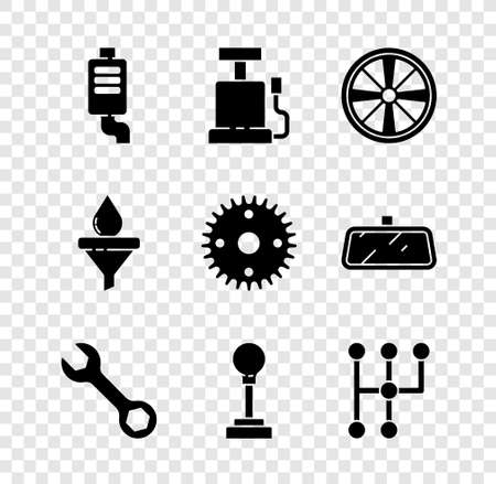 Set Car muffler, air pump, Alloy wheel, Wrench spanner, Gear shifter, Funnel and oil drop and icon. Vectorのイラスト素材