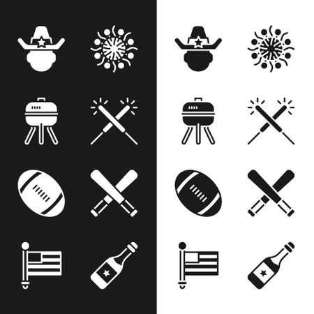 Set Sparkler firework, Barbecue grill, Sheriff cowboy, Firework, American Football ball, Crossed baseball bat, Champagne bottle and flag icon. Vectorのイラスト素材
