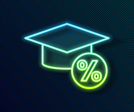 Glowing neon line Graduation cap and coin icon isolated on black background. Education and money. Concept of scholarship cost or loan, tuition or study fee. Vectorのイラスト素材