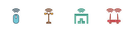 Set Wireless mouse, Smart street light, warehouse and Router and wifi signal icon. Vectorのイラスト素材