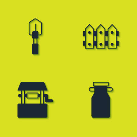 Set Shovel, Can container for milk, Well and Garden fence wooden icon. Vectorのイラスト素材