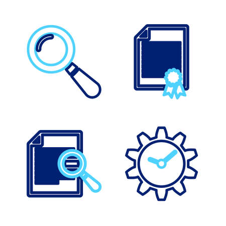 Set line Time Management, Document with search, Certificate template and Magnifying glass icon. Vectorのイラスト素材