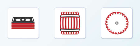 Set line Circular saw blade, Stacks paper money cash and Wooden barrel icon. Vectorのイラスト素材
