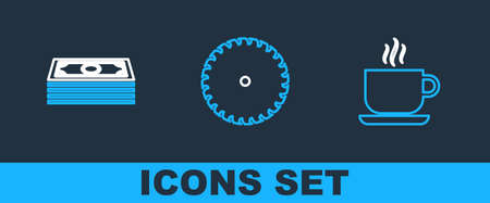 Set line Coffee cup, Stacks paper money cash and Circular saw blade icon. Vectorのイラスト素材