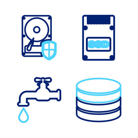 Set line Database, Water tap, SSD card and Hard disk drive HDD protection icon. Vector