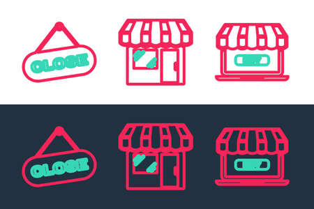 Set line Online shopping, Hanging sign with Close and Market store icon. Vectorのイラスト素材