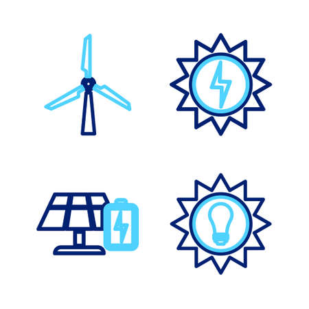 Set line Solar energy panel, and battery, and Wind turbine icon. Vectorのイラスト素材