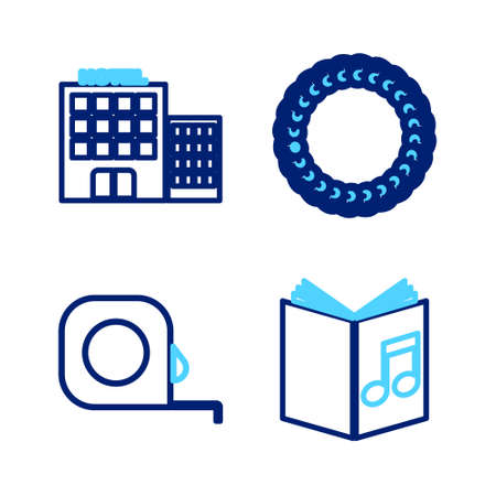 Set line Audio book, Roulette construction, Laurel wreath and Hotel building icon. Vector