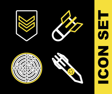 Set line Aviation bomb, Nuclear rocket, Radar with targets and Chevron icon. Vectorのイラスト素材