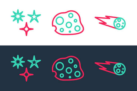 Set line Comet falling down fast, Falling star and Asteroid icon. Vector