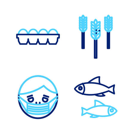 Set line Fish, Face in protective mask, Wheat and Chicken egg box icon. Vectorのイラスト素材