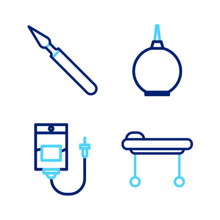 Set line Stretcher, IV bag, Enema and Medical surgery scalpel icon. Vectorのイラスト素材