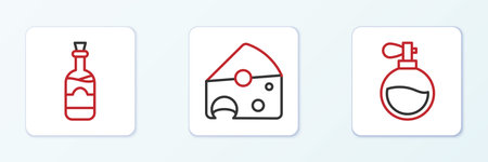 Set line Perfume, Bottles of wine and Cheese icon. Vectorのイラスト素材