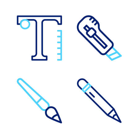 Set line Pencil with eraser, Paint brush, Stationery knife and Text icon. Vectorのイラスト素材