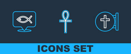 Set line Christian cross, fish and Cross ankh icon. Vectorのイラスト素材