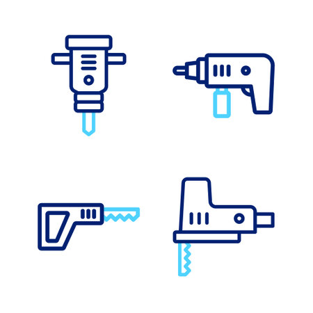 Set line Electric jigsaw, Reciprocating, drill machine and Construction jackhammer icon. Vectorのイラスト素材