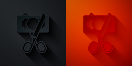 Paper cut Scissors cutting money icon isolated on black and red background. Price, cost reduction or price reduction icon concept. Paper art style. Vectorのイラスト素材