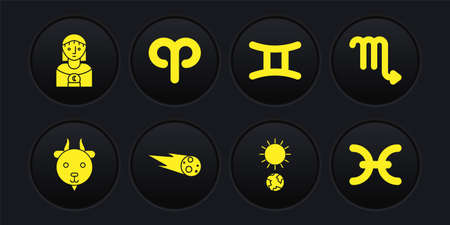 Set Aries zodiac, Scorpio, Comet falling down fast, Solstice, Gemini, Pisces and Astrology woman icon. Vectorのイラスト素材
