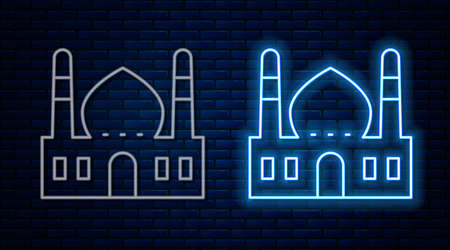 Glowing neon line Muslim Mosque icon isolated on brick wall background. Vectorのイラスト素材