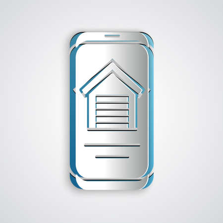 Paper cut Online real estate house on smartphone icon isolated on grey background. Home loan concept, rent, buy, buying a property. Paper art style. Vectorのイラスト素材