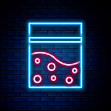 Glowing neon line Plastic bag of medicinal cannabis icon isolated on brick wall background. Health danger. Colorful outline concept. Vectorのイラスト素材