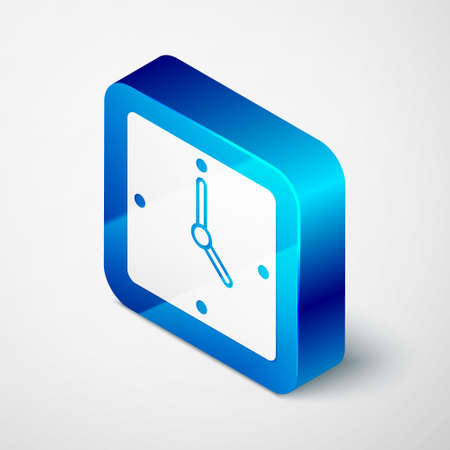 Isometric Clock icon isolated on grey background. Time symbol. Blue square button. Vectorのイラスト素材