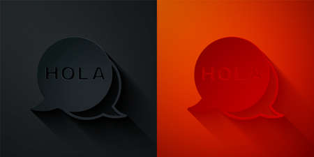 Paper cut Hola icon isolated on black and red background. Paper art style. Vector