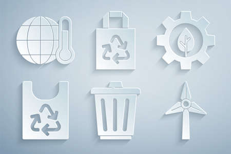 Set Trash can, Leaf plant in gear machine, Plastic bag with recycle, Wind turbine, Paper and Global...
