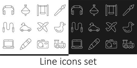 Set line Toy train, Rubber duck, Swing, Radio controlled car toy, Jump rope, Headphones, plane and Whirligig icon. Vectorのイラスト素材