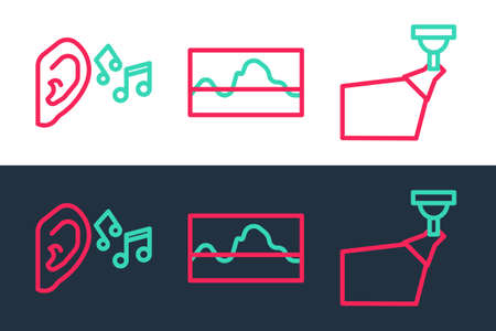 Set line Movie spotlight, Ear listen sound signal and Music wave equalizer icon. Vectorのイラスト素材
