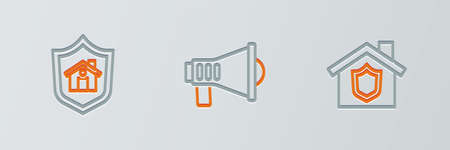 Set line House with shield, and Megaphone icon. Vectorのイラスト素材