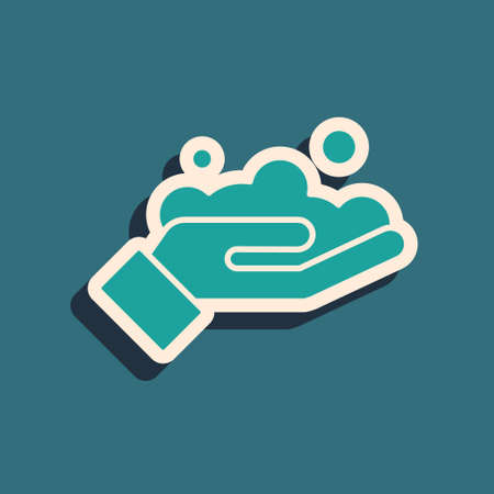 Green Washing hands with soap icon isolated on green background. Washing hands with soap to prevent virus and bacteria. Long shadow style. Vector Illustrationのイラスト素材