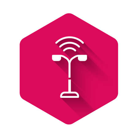 White Smart street light system icon isolated with long shadow. Internet of things concept with wireless connection. Pink hexagon button. Vectorのイラスト素材