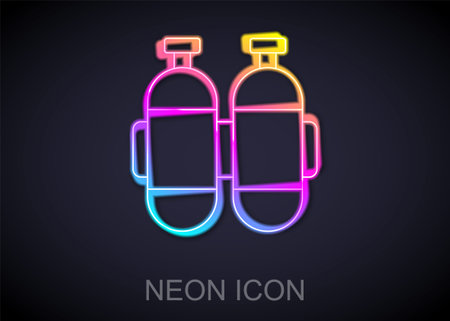 Glowing neon line Aqualung icon isolated on black background. Oxygen tank for diver. Diving equipment. Extreme sport. Diving underwater equipment. Vectorのイラスト素材