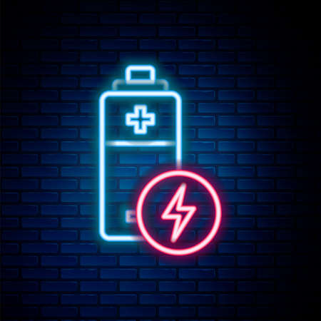 Glowing neon line Battery icon isolated on brick wall background. Lightning bolt symbol. Colorful outline concept. Vectorのイラスト素材