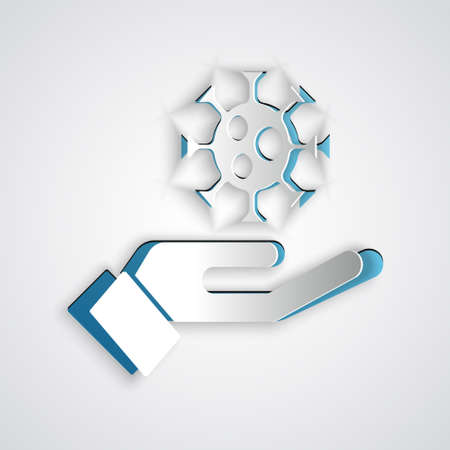 Paper cut Hand with virus icon isolated on grey background.のイラスト素材