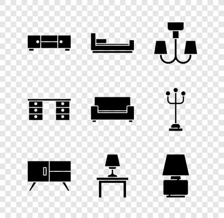 Set Chest of drawers, Bed, Chandelier, Table lamp on table, Office desk and Sofa icon. Vectorのイラスト素材