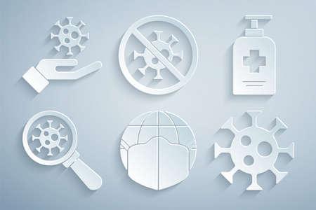 Set Earth with medical mask, Liquid antibacterial soap, Virus under magnifying glass, Stop virus and Hand icon. Vectorのイラスト素材
