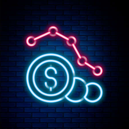 Glowing neon line Dollar rate decrease icon isolated on brick wall background. Cost reduction. Money symbol with down arrow. Business lost crisis decrease. Colorful outline concept. Vectorのイラスト素材