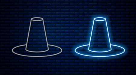 Glowing neon line Traditional korean hat icon isolated on brick wall background. Vectorのイラスト素材