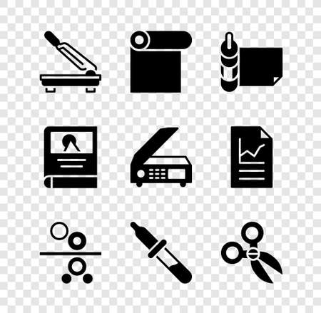 Set Paper cutter, Roll of paper, roll printing press, Pipette, Scissors, Photo album gallery and Scanner icon. Vectorのイラスト素材